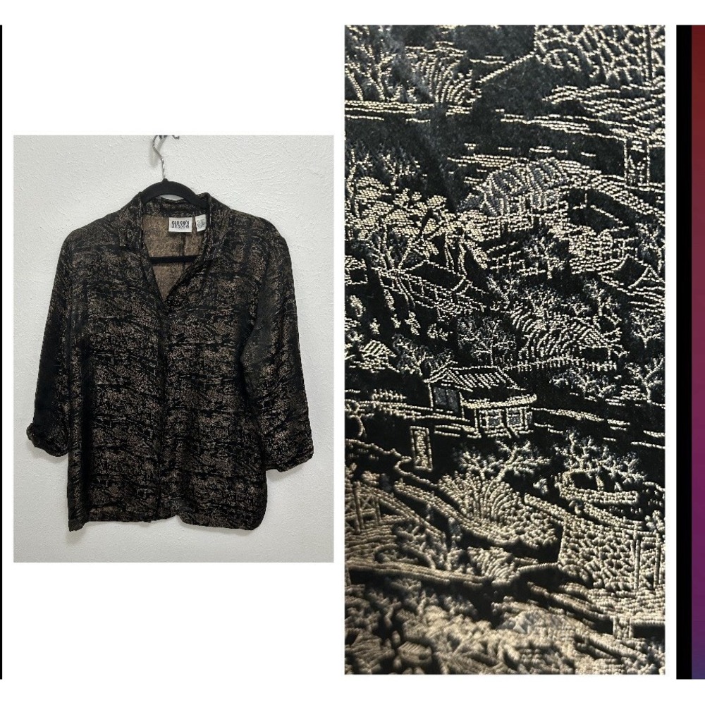 Chico's Design Black Silk Blend Asian Village Print Shirt Button Front Sz 1 /Sm